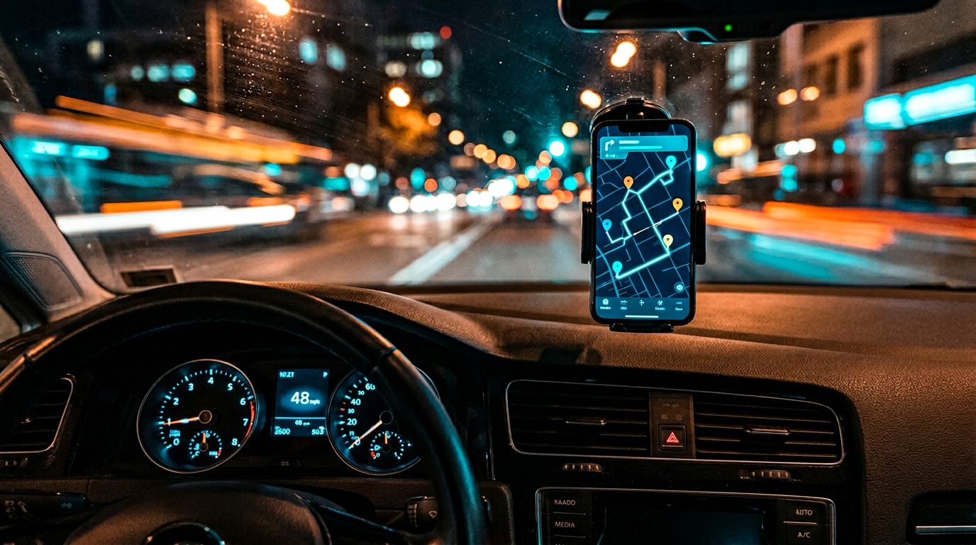A car dashboard at night with a smartphone mounted on the windshield
