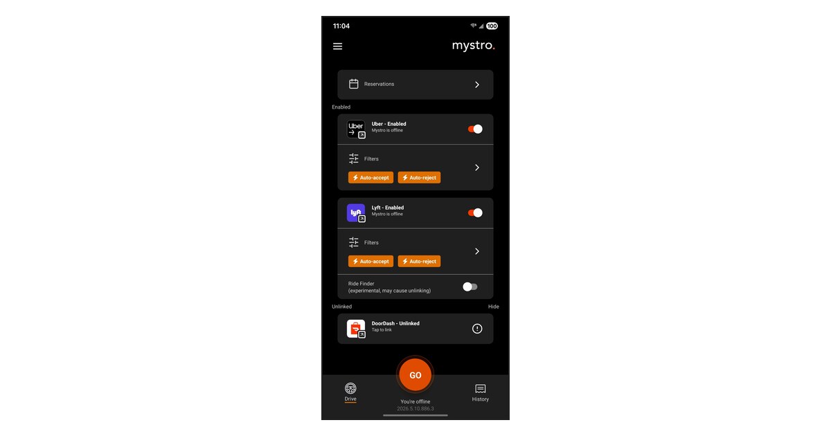Mystro Drive screen showing the orange GO button