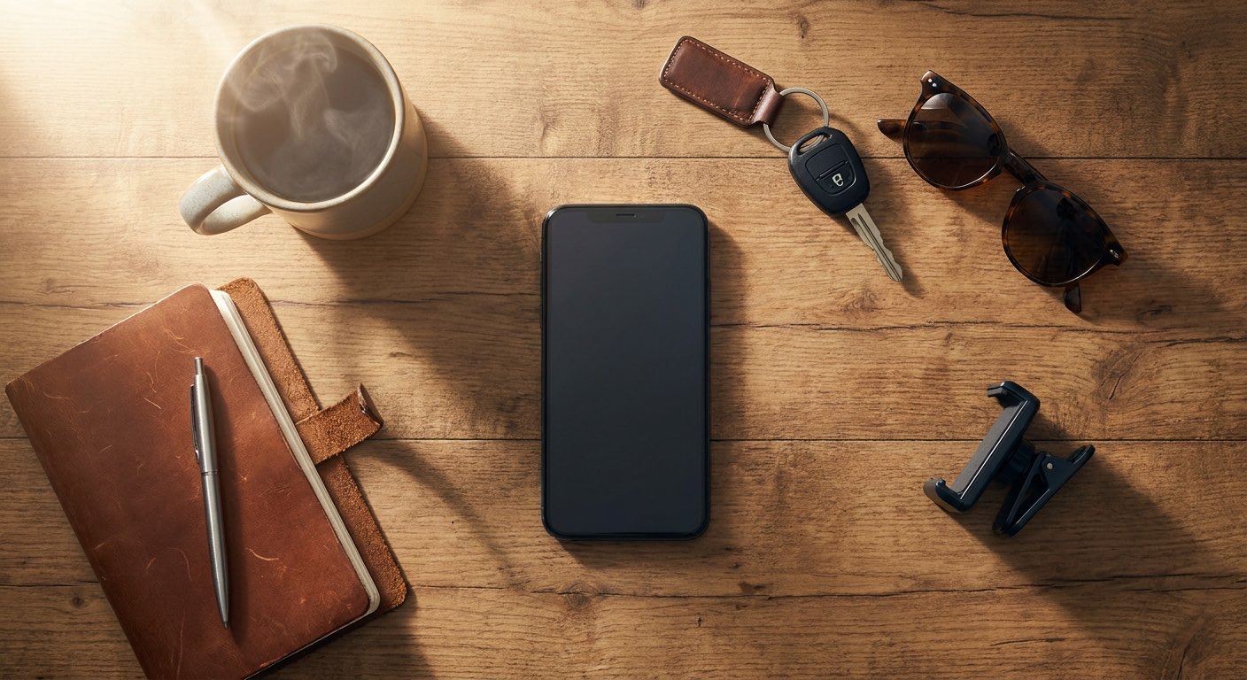 A rideshare driver's gear ready for an Uber and Lyft shift — phone with mount, keys, sunglasses, coffee, notebook