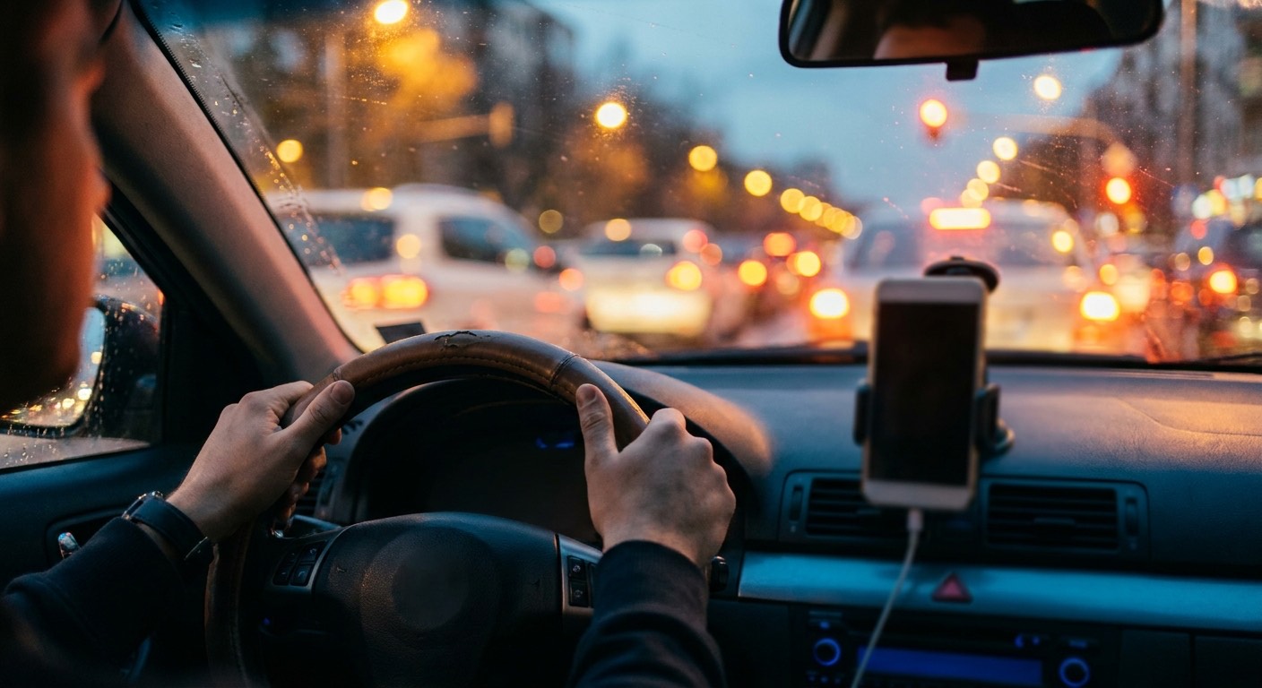 A driver's POV from behind the steering wheel with a phone mounted on the dashboard and traffic ahead at dusk