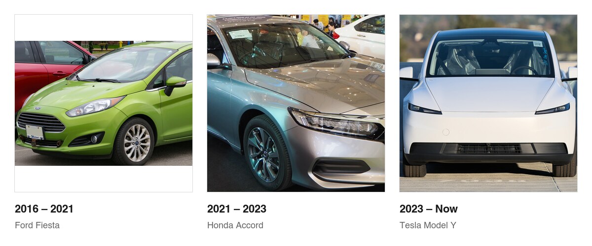 The author's three rideshare vehicles over ten years: a green 2012 Ford Fiesta, a 2019 Honda Accord, and a 2023 Tesla Model Y Long Range.