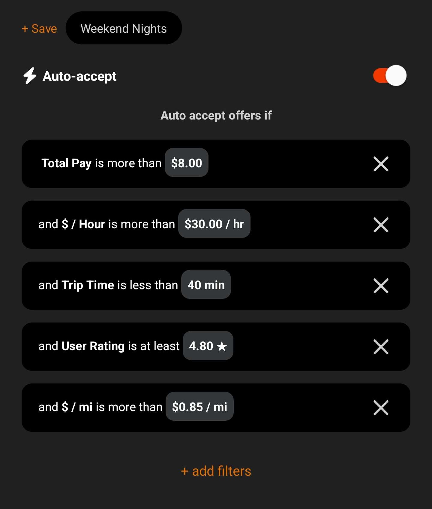 Mystro auto-accept filters configured for Uber: Total Pay > $8.00, $/Hour > $30.00/hr, Trip Time < 40 min, User Rating >= 4.80, and $/mi > $0.85/mi, saved as 'Weekend Nights'.