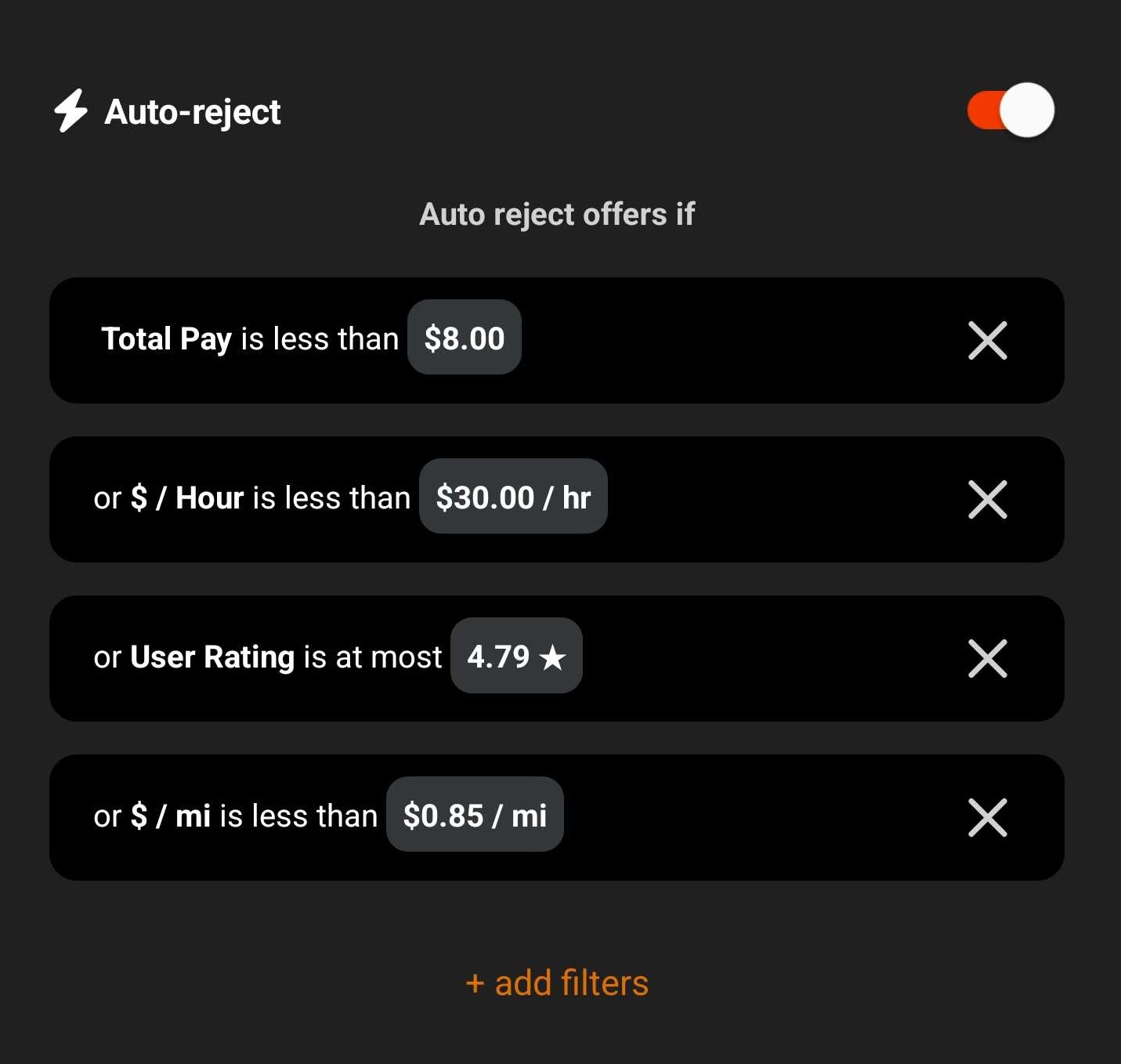 Mystro auto-reject filters configured for Uber: Total Pay < $8.00, or $/Hour < $30.00/hr, or User Rating <= 4.79, or $/mi < $0.85/mi.