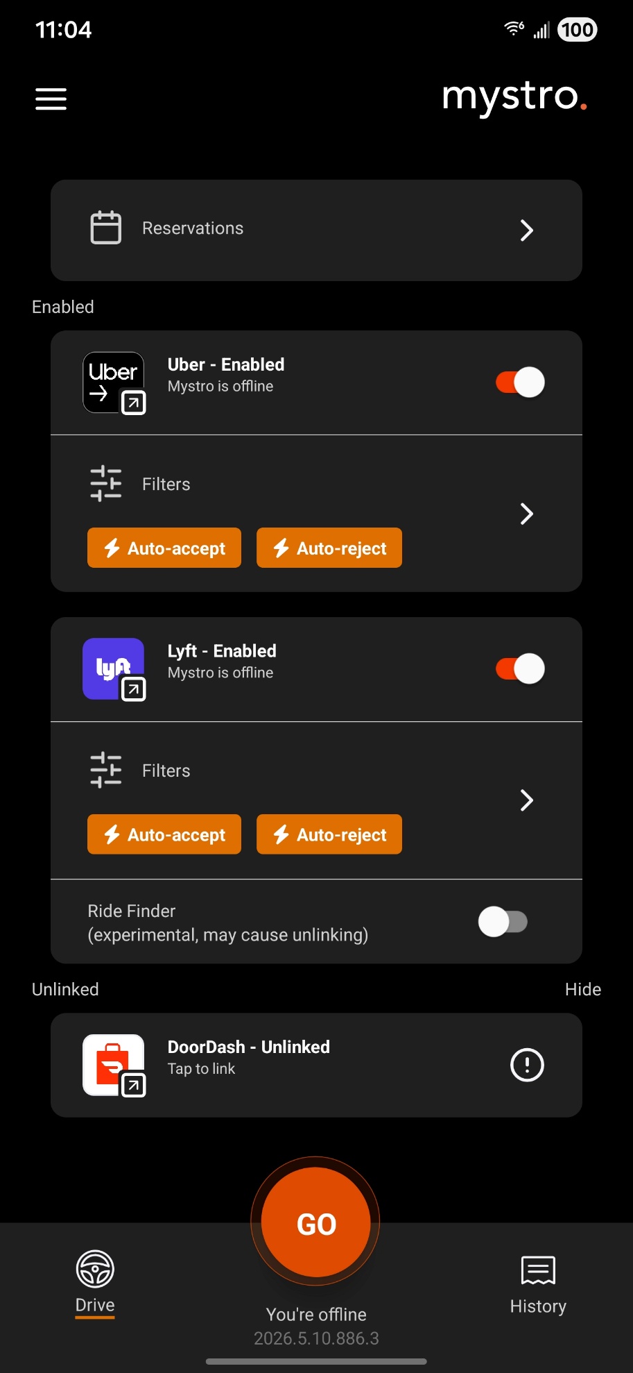 Mystro Drive screen showing the big orange GO button at the bottom, with Uber and Lyft enabled and offline.