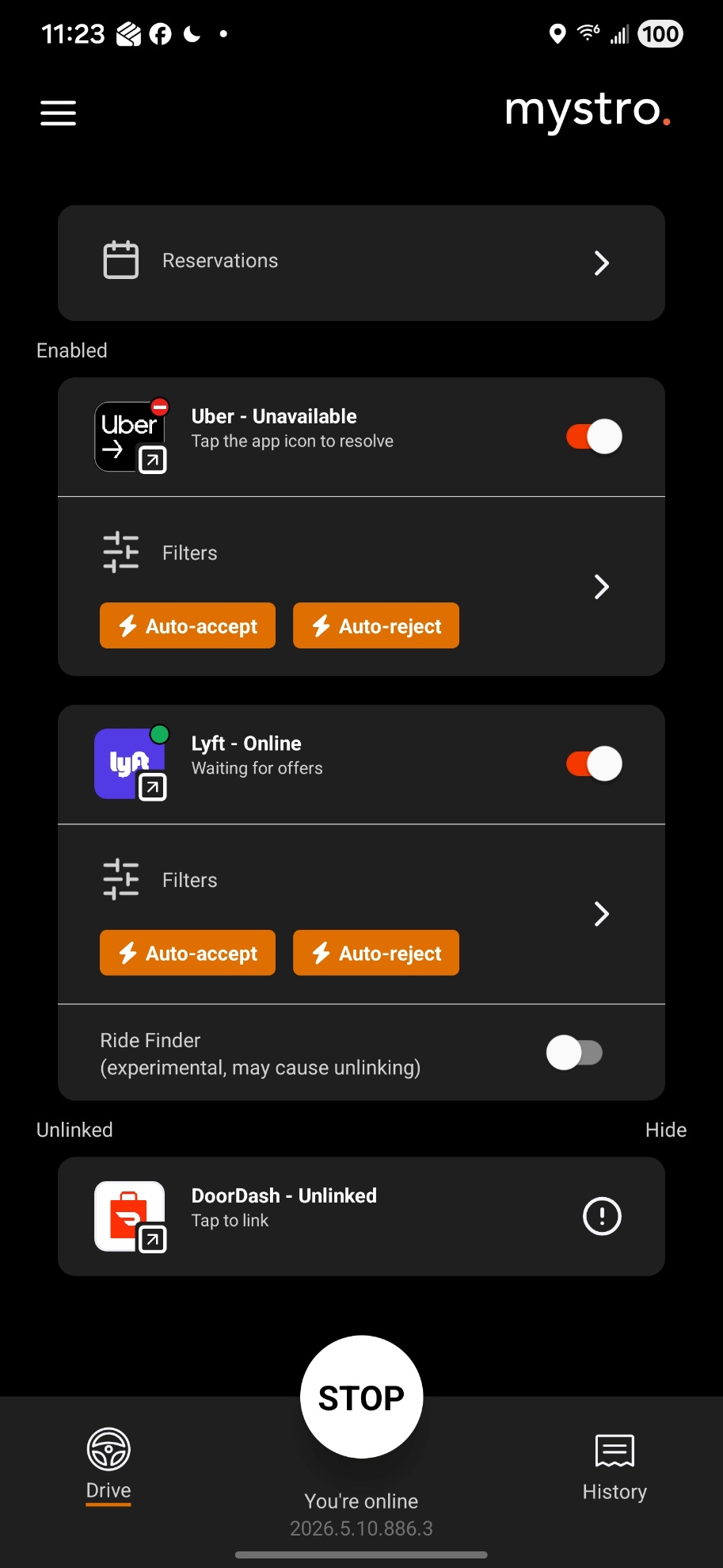 Mystro Drive screen showing the white STOP button at the bottom, with Lyft online and waiting for offers.