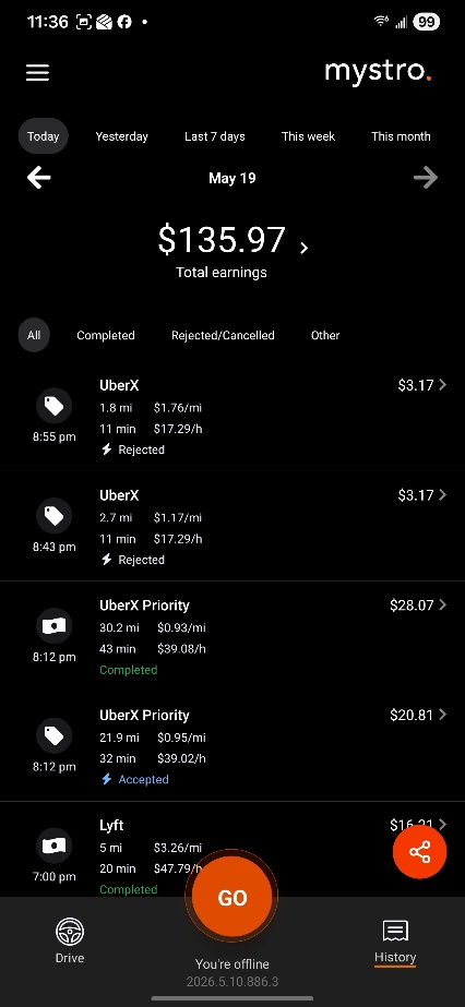 Mystro History screen showing the day's offers with total earnings, including accepted, rejected, and completed trips.