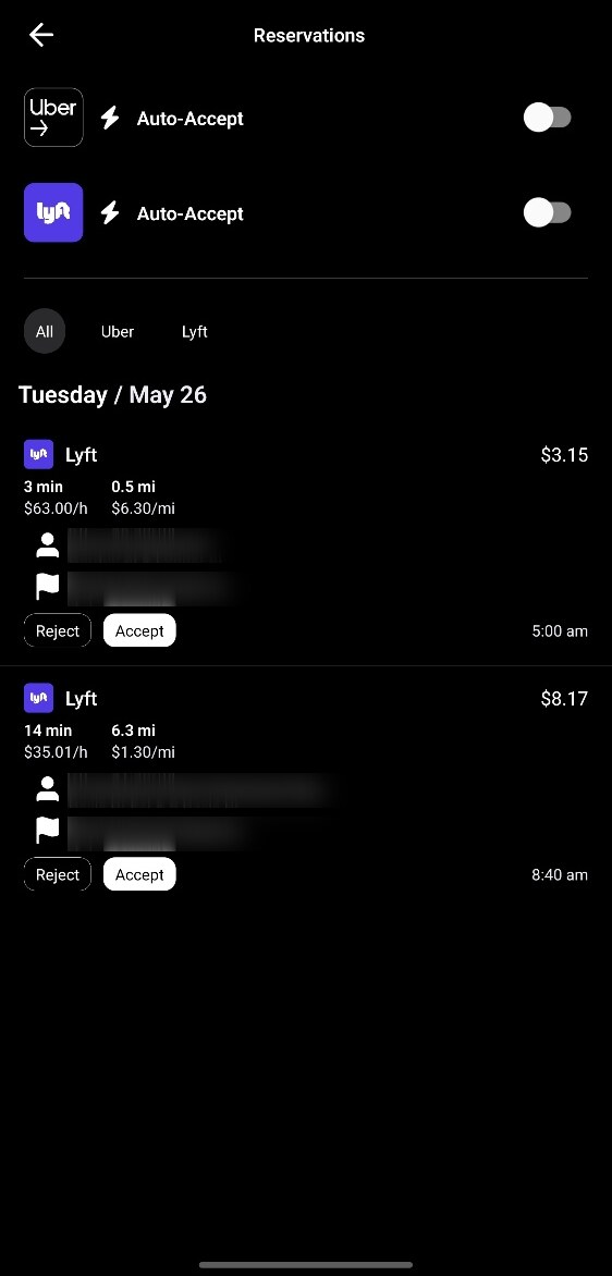 Mystro Reservations screen showing available Lyft reservations for Tuesday May 26, with Accept and Reject buttons for each offer.