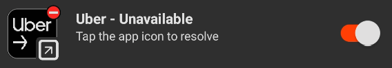 Service status card showing Uber Unavailable with 'Tap the app icon to resolve'.
