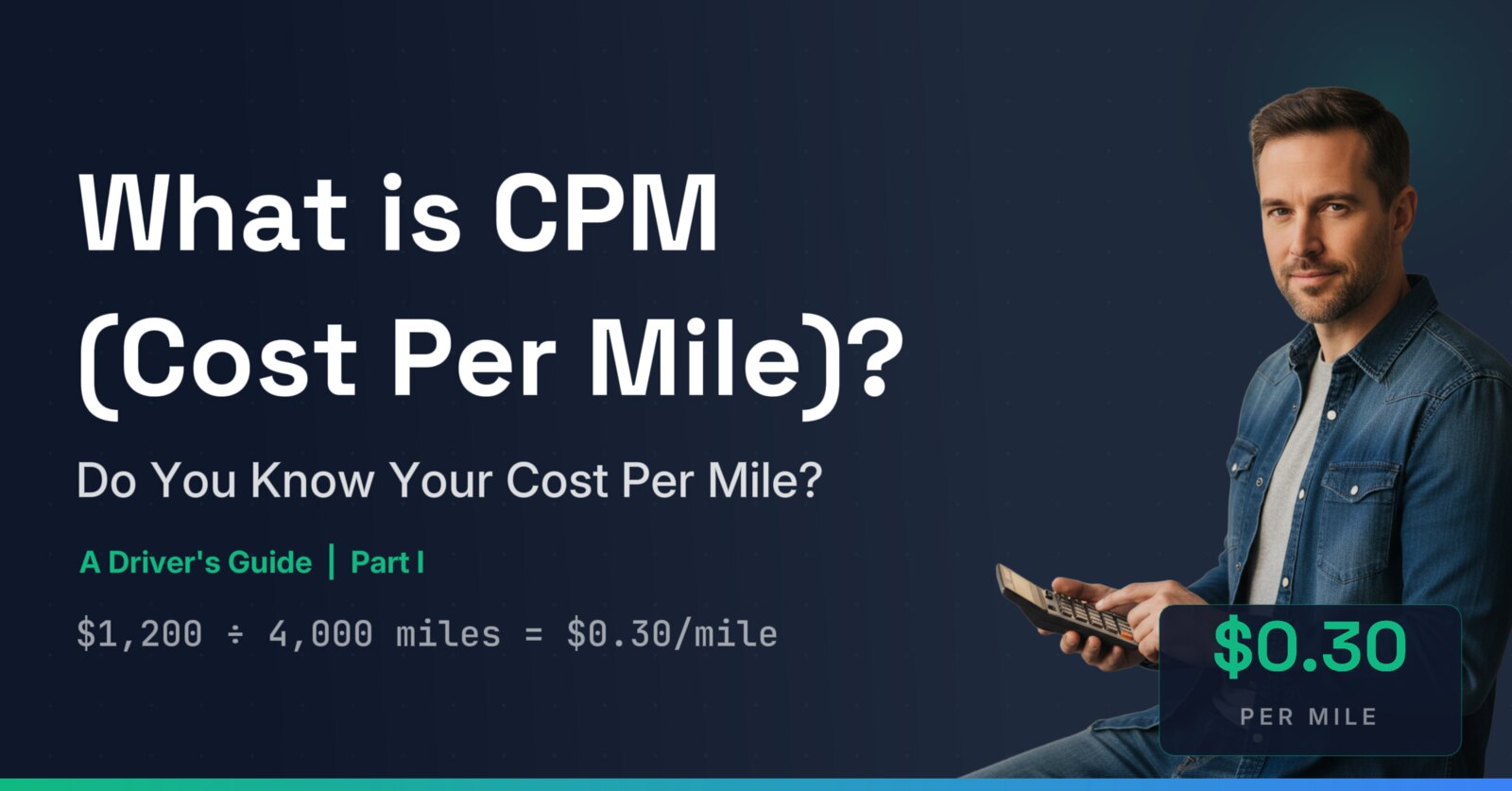 Mystro Blog header: a rideshare driver holding a calculator beside the headline &ldquo;What is CPM (Cost Per Mile)? Do You Know Your Cost Per Mile?&rdquo; and the example $1,200 &divide; 4,000 miles = $0.30 per mile.