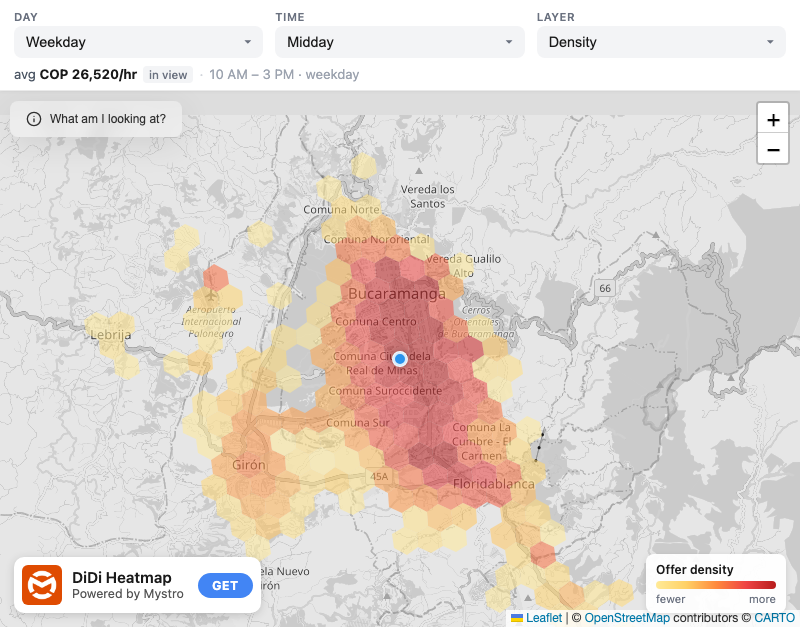DiDi heatmap showing ride offer density and pay by area