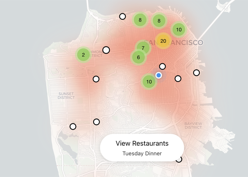 DoorDash heatmap of San Francisco showing dining hotspots with order counts